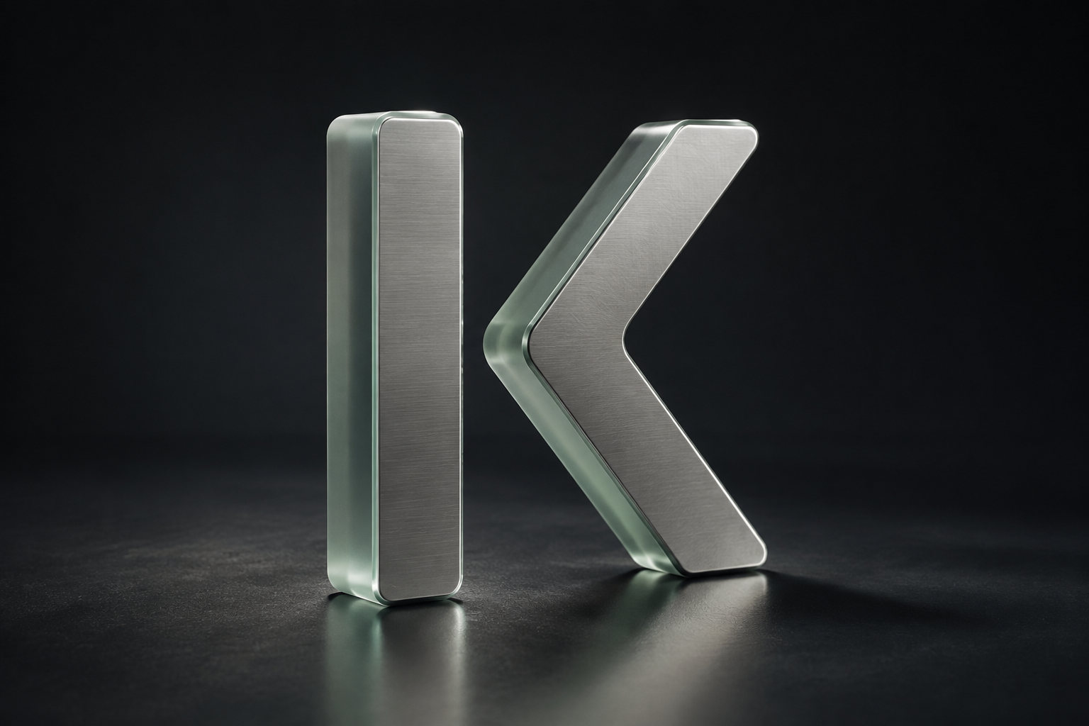 Keel's minimal K sculpted in frosted glass and brushed metal, lit with a soft green edge